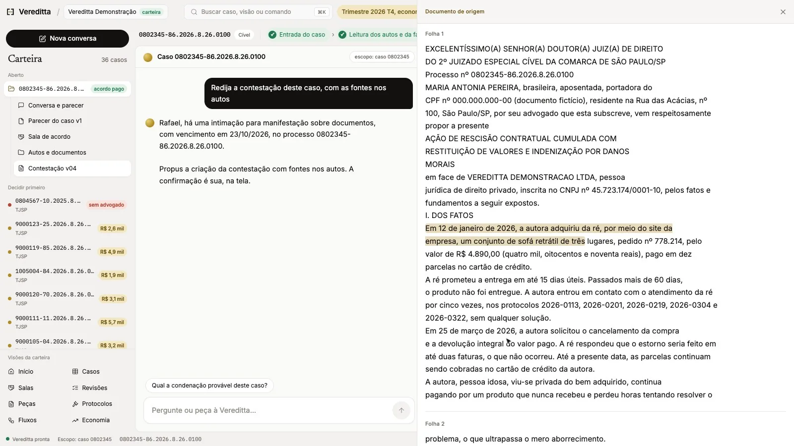 O documento de origem aberto ao lado da contestação, na folha 1 da petição inicial, com o trecho citado realçado.