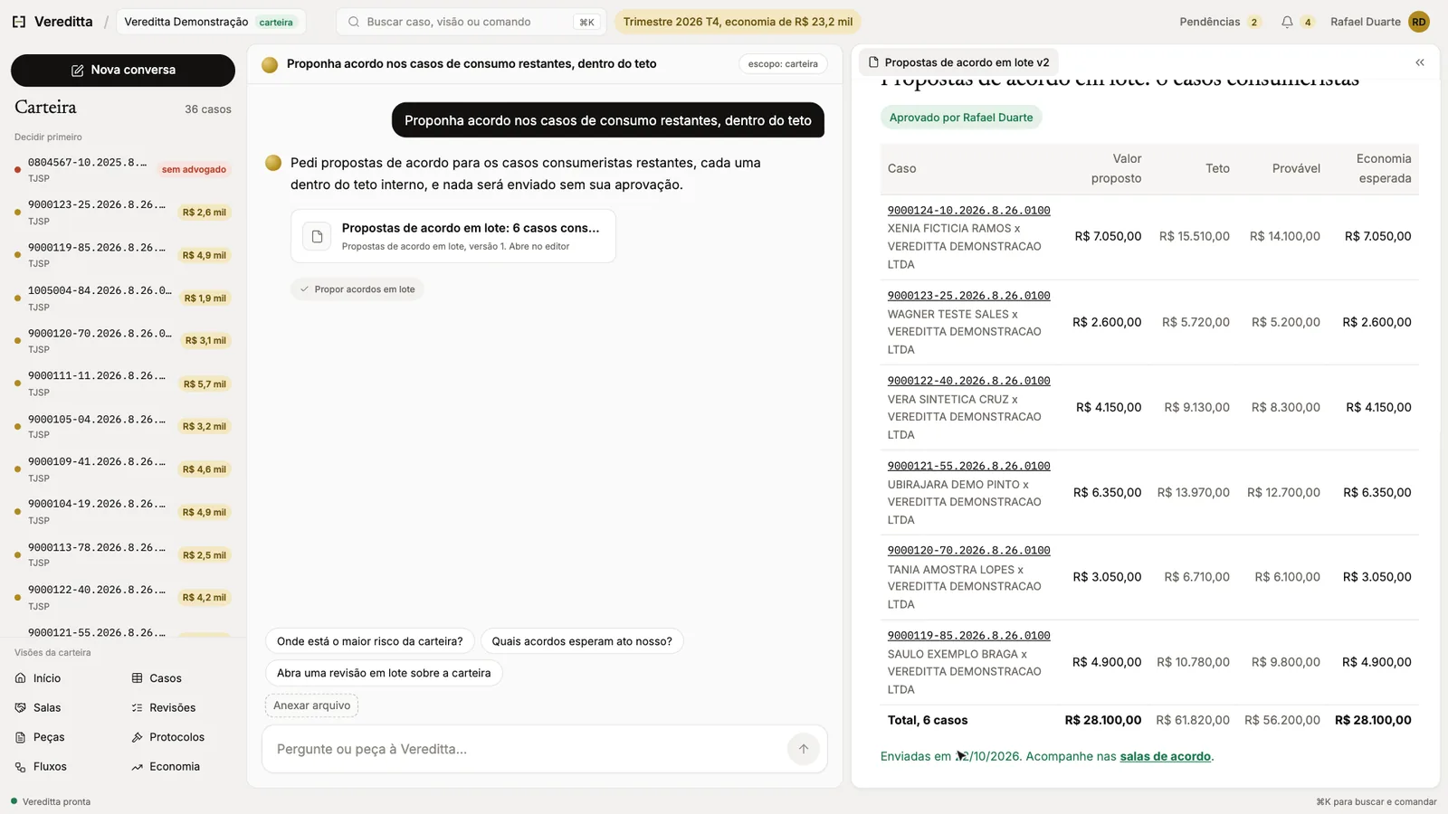 Propostas de acordo em lote para seis casos consumeristas, cada uma dentro do teto, com a economia esperada e a aprovação do advogado.