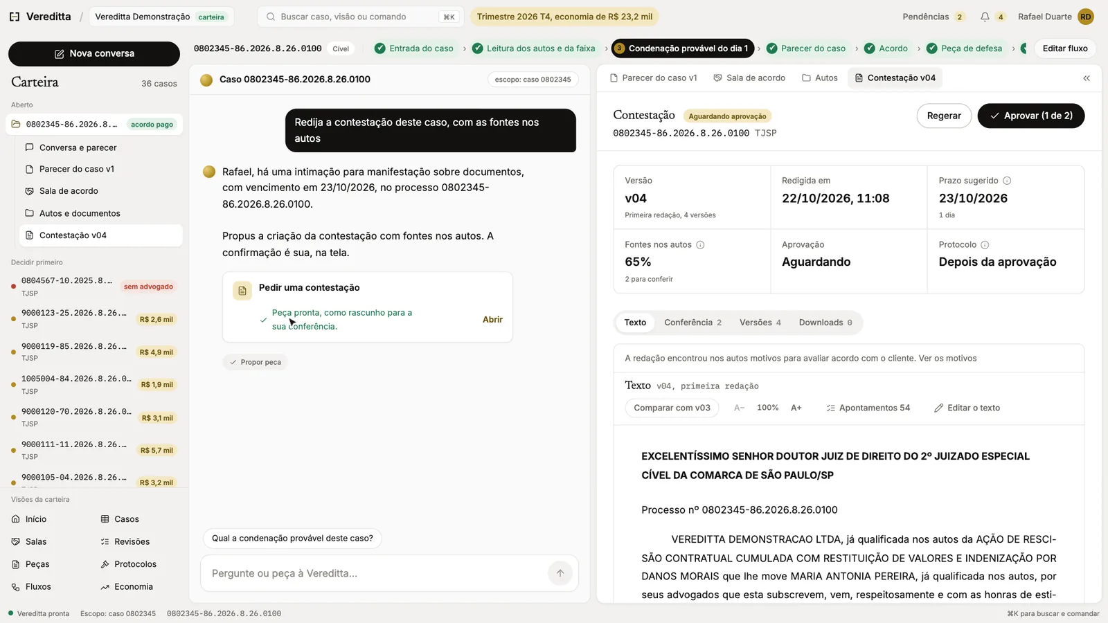 A Vereditta com um caso aberto: a carteira à esquerda, a conversa em que o advogado pediu a contestação no centro, e os artefatos do caso à direita, com o rascunho da contestação, as fontes e a aprovação de dois advogados pendente.