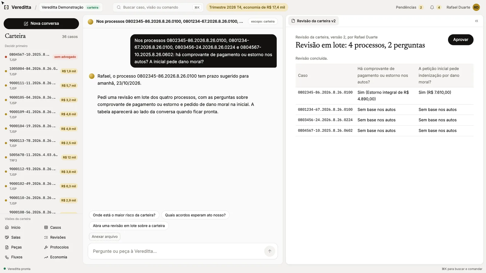 Uma revisão em lote de quatro processos e duas perguntas, com uma linha por processo e a resposta de cada um.