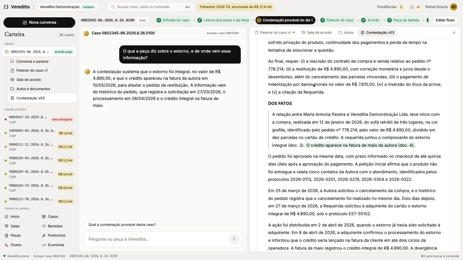 A contestação v03 comparada com a v02, com o trecho incluído realçado em verde.